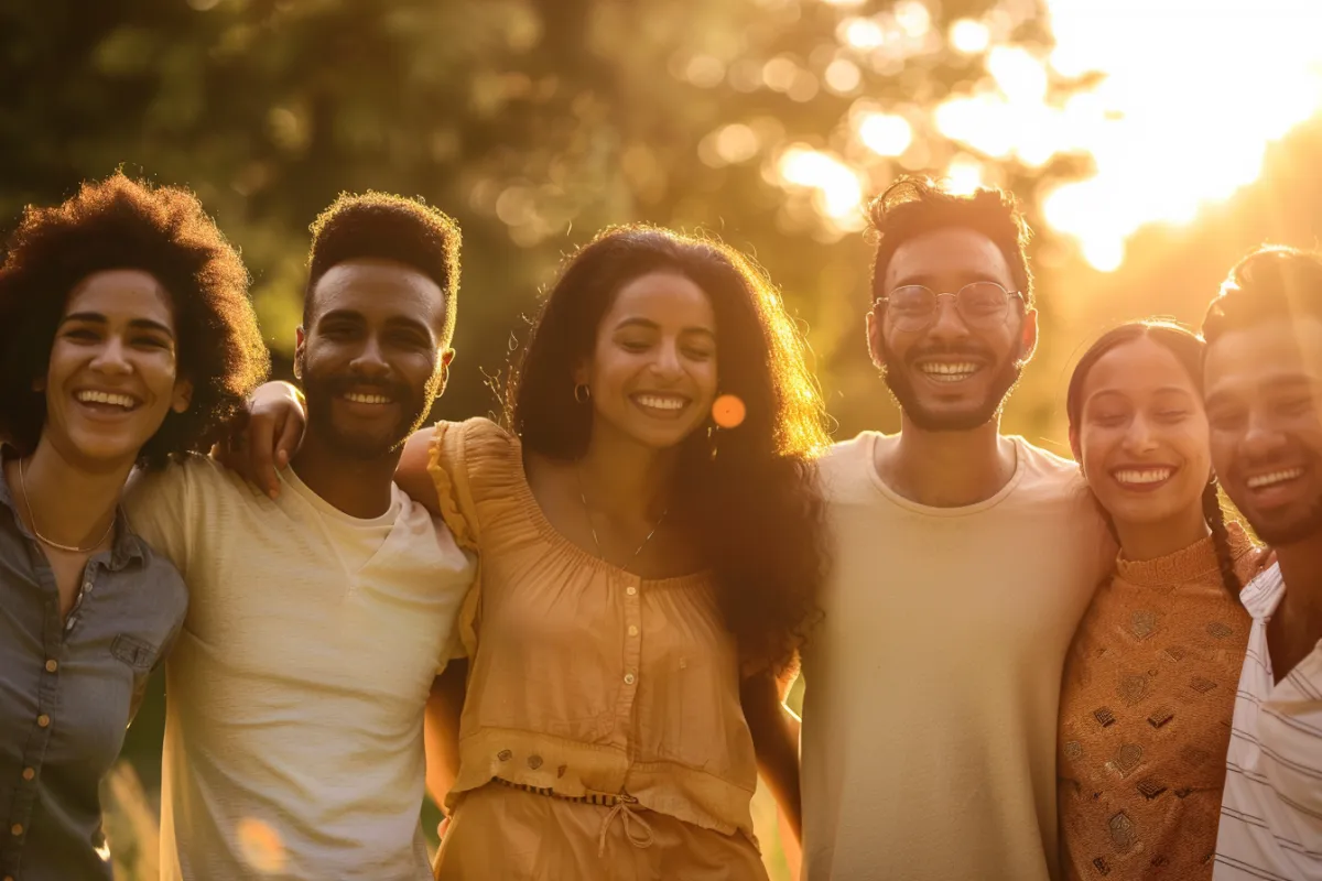 Smiling group of diverse adults standing together outdoors, representing community health and inclusivity in clinical research.