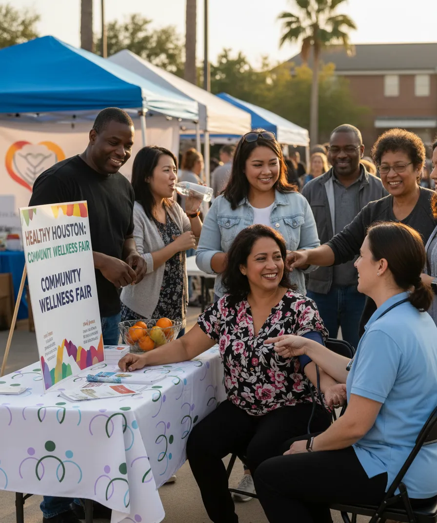 Community members gather at a Houston wellness fair, smiling and engaging with healthcare staff from Synergy Groups Medical at an outdoor booth promoting clinical trials and preventive health.