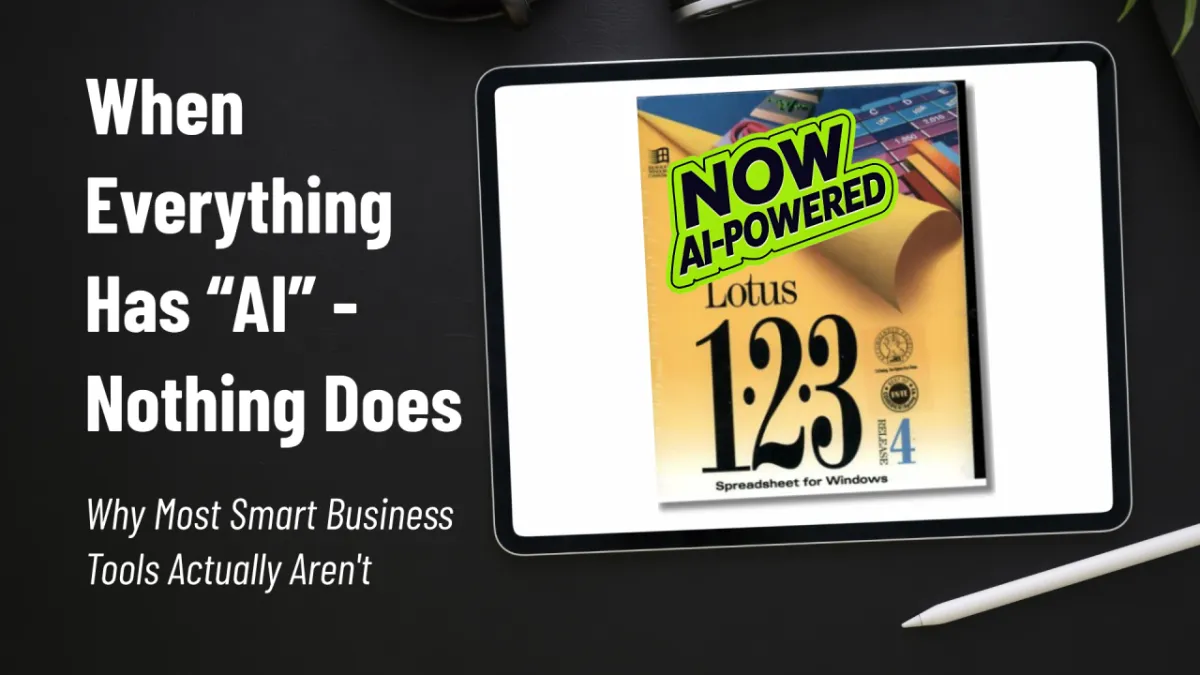 Vintage Lotus 1-2-3 spreadsheet software box with NOW AI-POWERED sticker satirizing superficial AI feature marketing