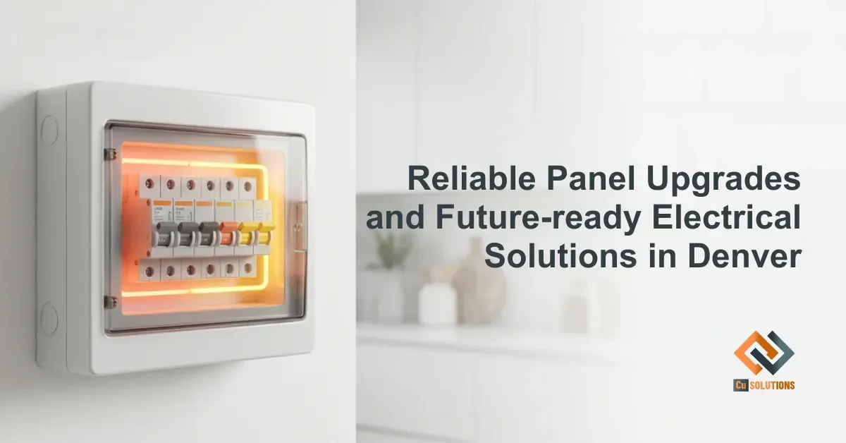 Blog cover image for Cu Solutions, an electrical contractor, featuring the title "Why Upgrading Your Electrical Panel is Essential for Safety." The image visually represents a modern, safe electrical panel, highlighting the importance of electrical upgrades.