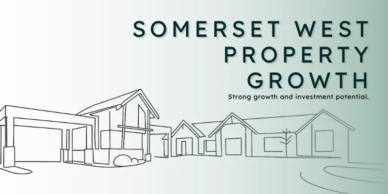 Line-art style illustration of modern homes with text “Somerset West Property Growth – Strong growth and investment potential,” representing property market expansion and investment appeal.