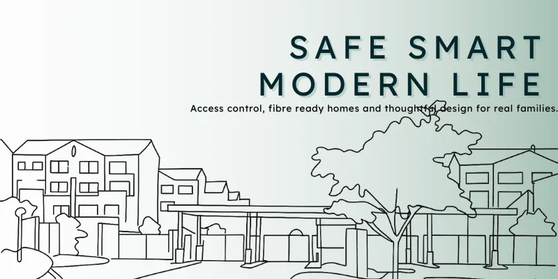 Acorn Creek Lifestyle Estate entrance illustration with apartments and trees in Somerset West, headline reads “Safe Smart Modern Life.