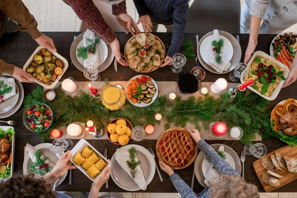 image of holiiay feast around table, gut health