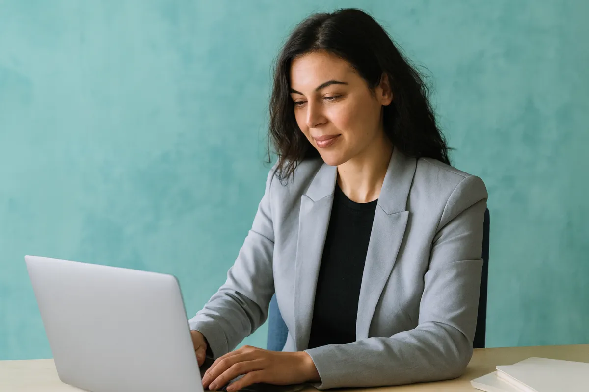 Professional businesswoman working remotely on a laptop, representing virtual assistant empowerment and smart leadership — Task.ME VA Services branding.