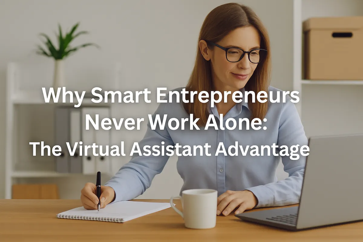 A confident entrepreneur smiling while working on her laptop, symbolizing teamwork and efficiency through virtual assistant support. The image includes the blog title “Why Smart Entrepreneurs Never Work Alone: The Virtual Assistant Advantage.”