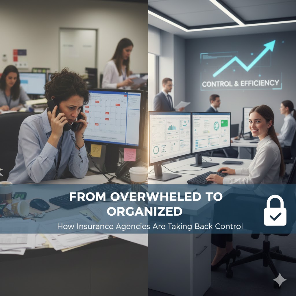 An independent insurance agent using digital tools and a virtual assistant to manage policy renewals and claims.