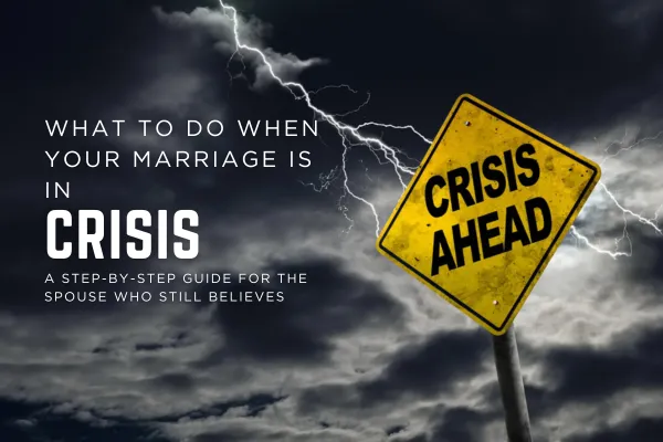 Yellow warning sign reading “Crisis Ahead” against a dark stormy sky with lightning bolts, symbolizing a looming marriage crisis.
