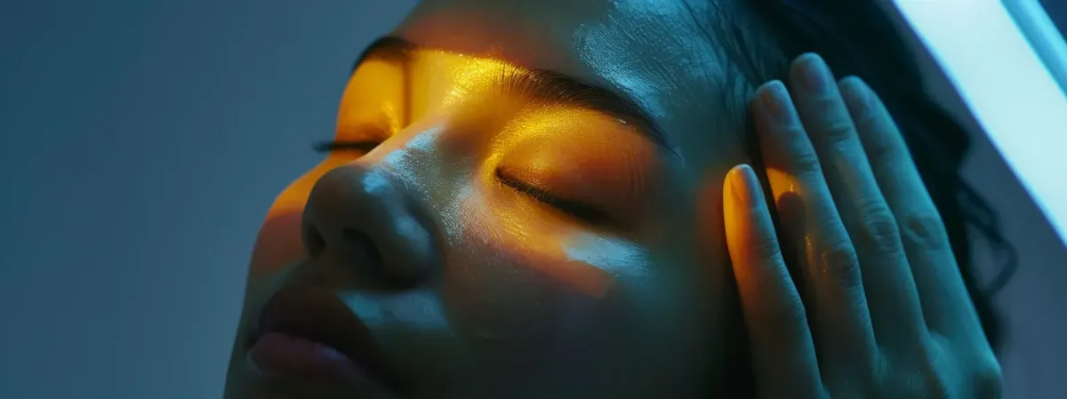 Close-up of a serene woman with glowing skin receiving gentle skincare treatment, illuminated by soft blue and golden light, highlighting the soothing benefits of a Silk Peel facial for sensitive skin.