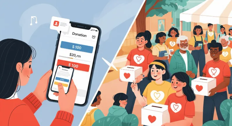 A split image contrasting two fundraising styles: on the left, a woman donates online using her smartphone, and on the right, a diverse group of volunteers collects donations in boxes at an outdoor event.