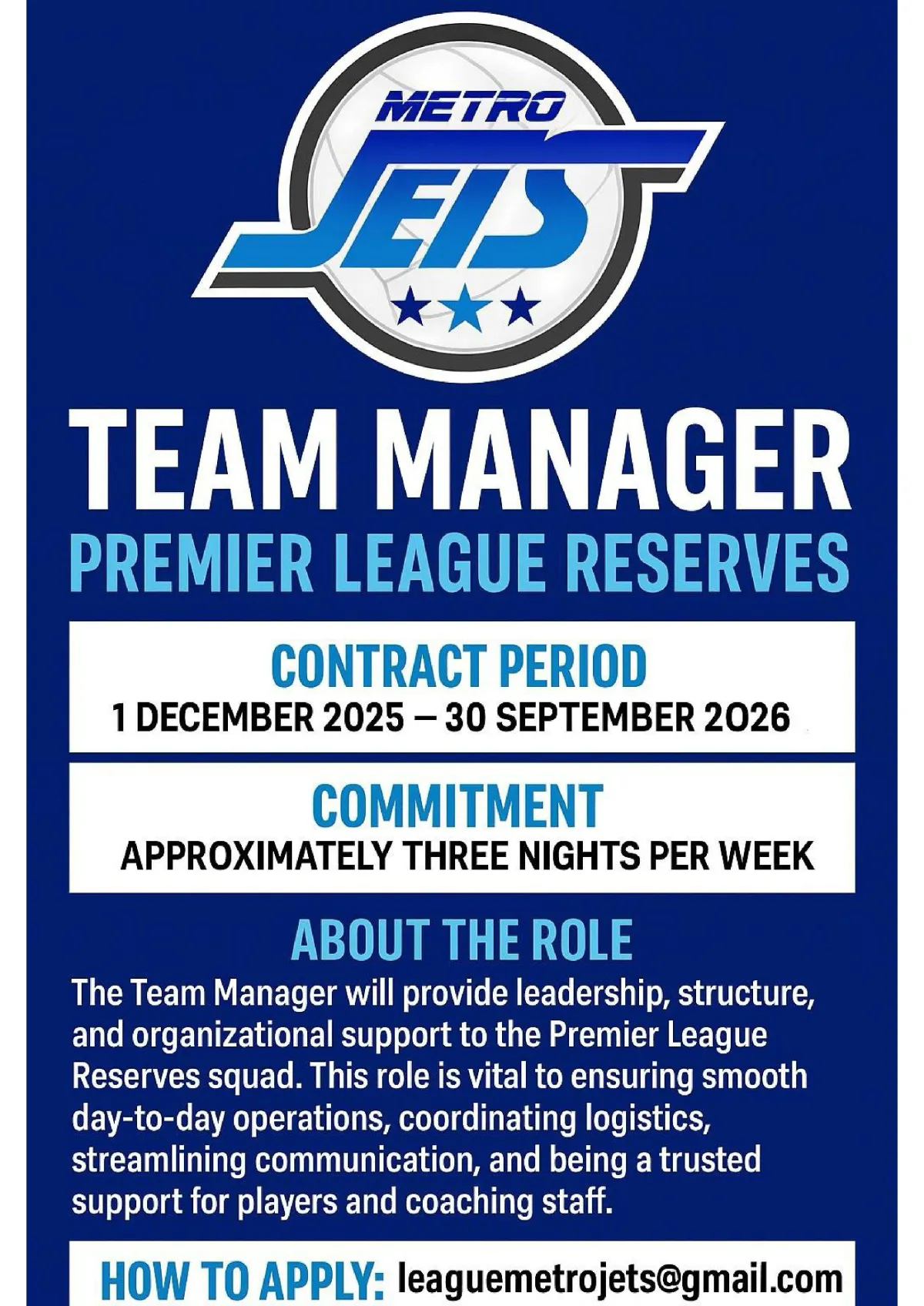 Metro Jets Premier League Reserves Team Manager Opportunity 2026