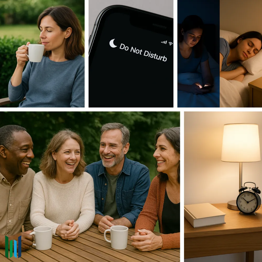 Collage of digital detox habits: tea ritual, Do Not Disturb, restful sleep, social connection, and device-free bedside table.