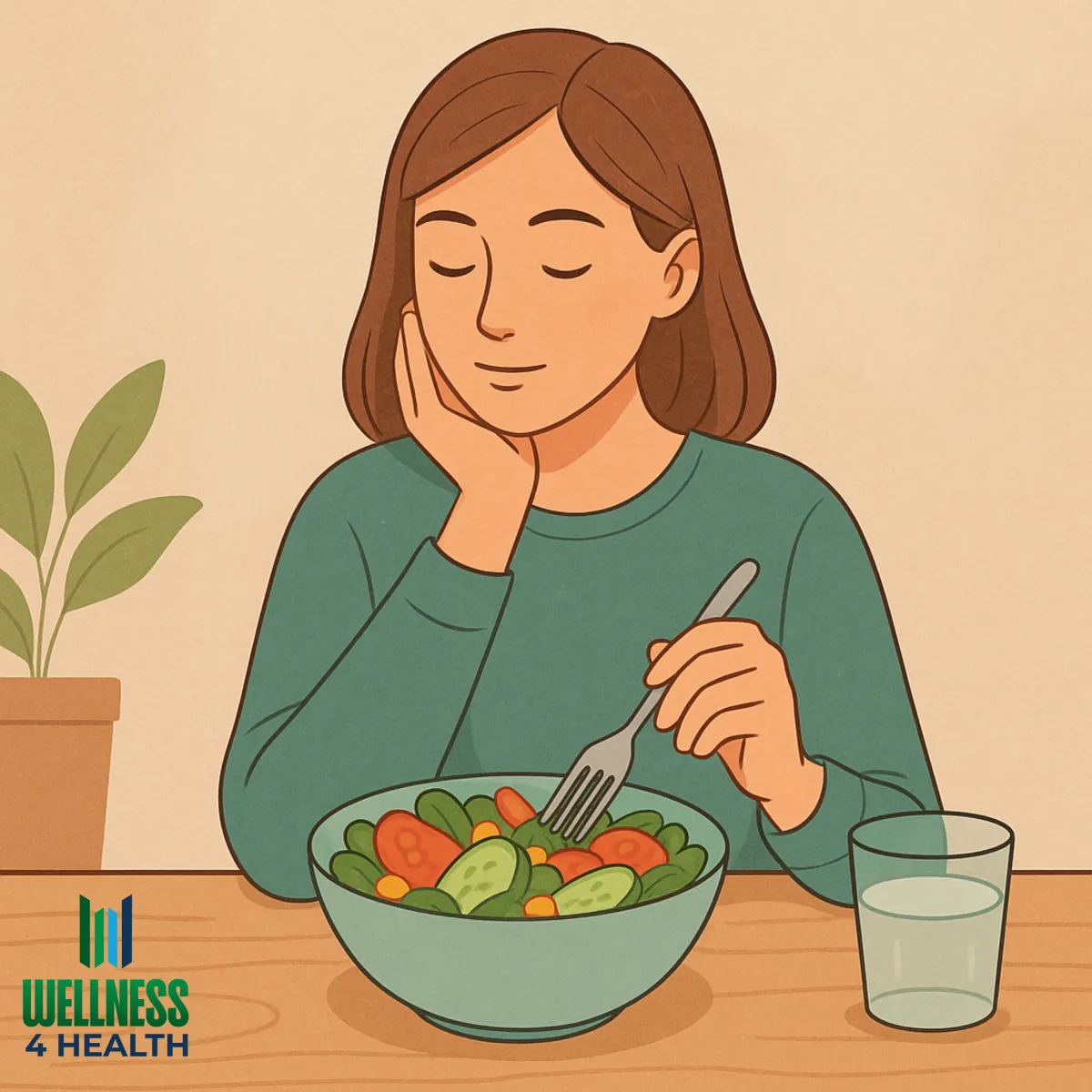 a woman pausing before eating a bowl of colourful food