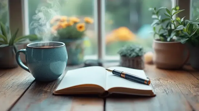 a notebook, pen, cup of steaming tea on a table in front of an open window