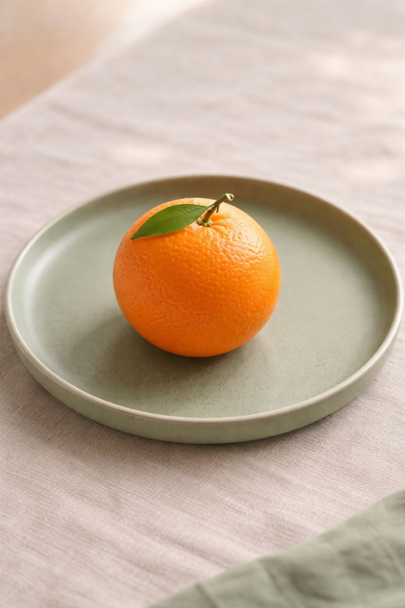 an orange sitting on a sage-coloured plate