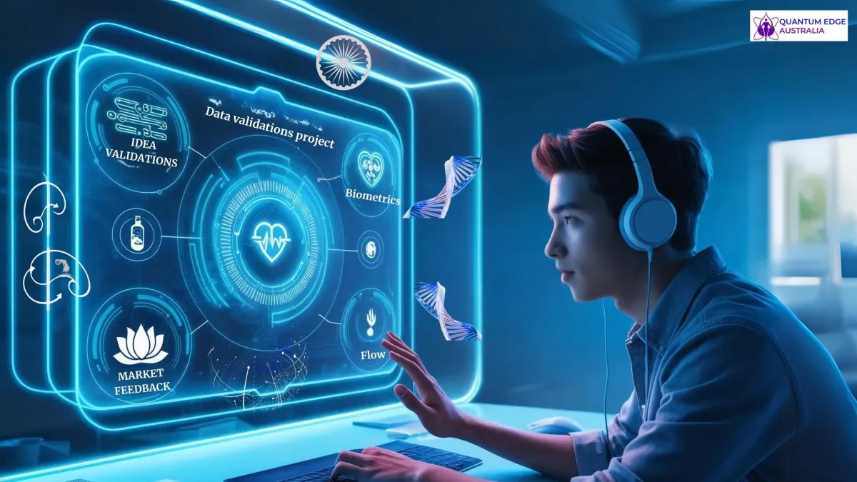 Gen Z innovator testing futuristic business ideas in immersive digital interface with tech, health, and spirituality overlays