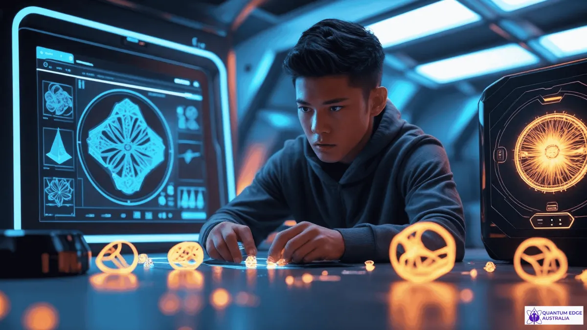 Gen-Z entrepreneur developing futuristic product with holographic and biotech tools