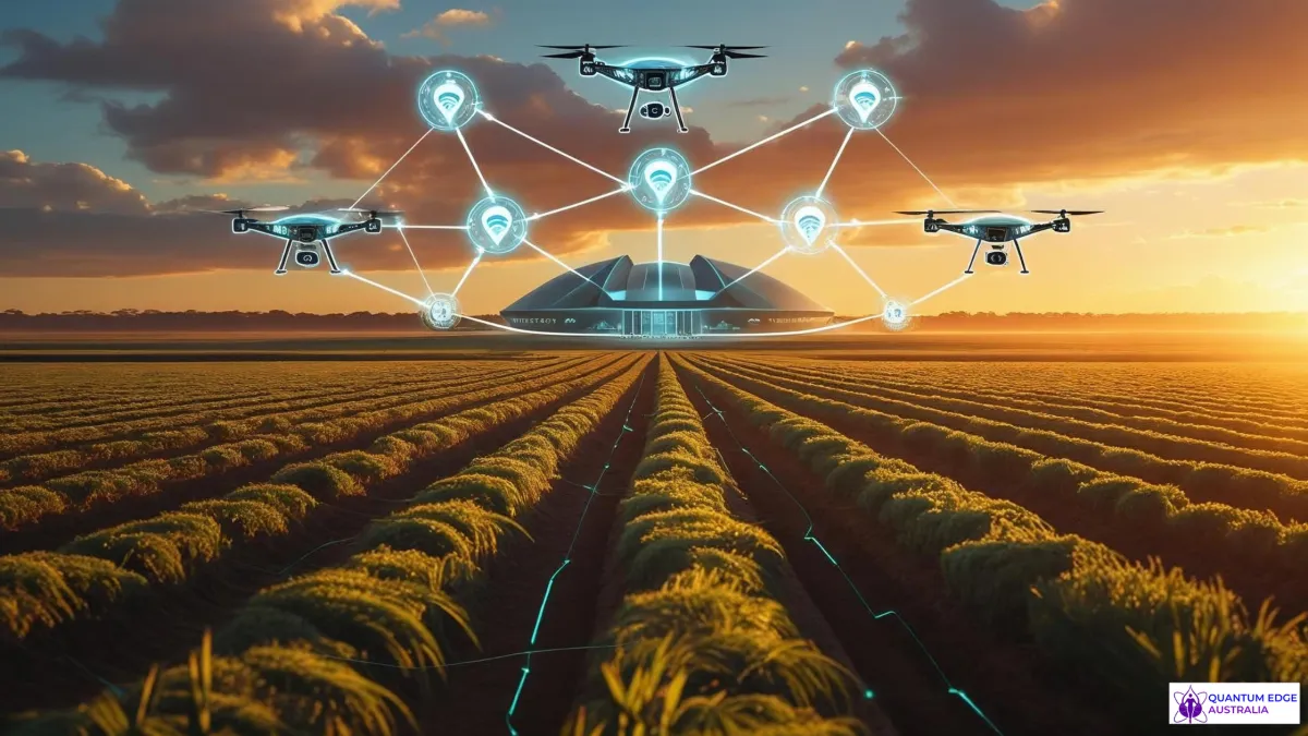 Australian farmland at dawn overlaid with precision-agriculture icons—drones, IoT sensors, satellite connectivity representing the future of farming in Australia