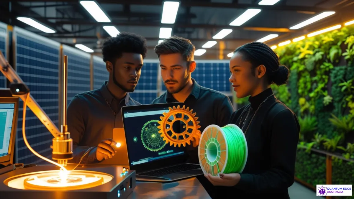 Collaborative makerspace powered by solar energy, showing starseed inventors using 3D printers with recycled filament—symbolizing sustainable, democratized prototyping for new futuristic business ideas.