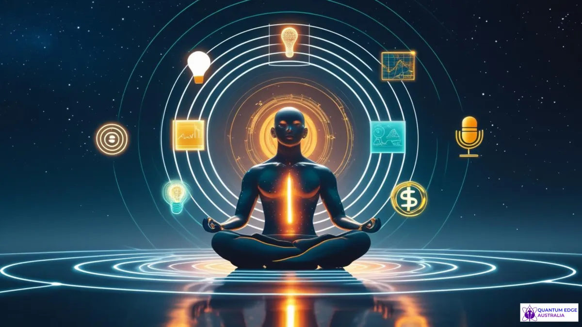 Meditating figure under starfield with floating module icons symbolizing steps from vision to venture funding for spiritual Gen Z entrepreneurs