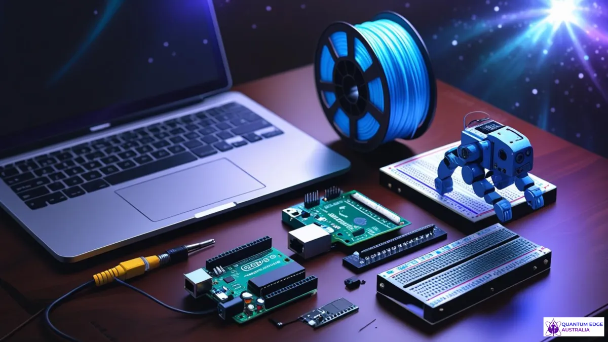 Budget prototyping starter kit with Arduino, 3D printing filament, and laptop for new futuristic business ideas