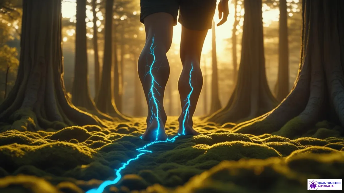 Person walking barefoot on mossy forest floor at dawn with golden light and glowing blue energy veins, illustrating grounding and cosmic awakening