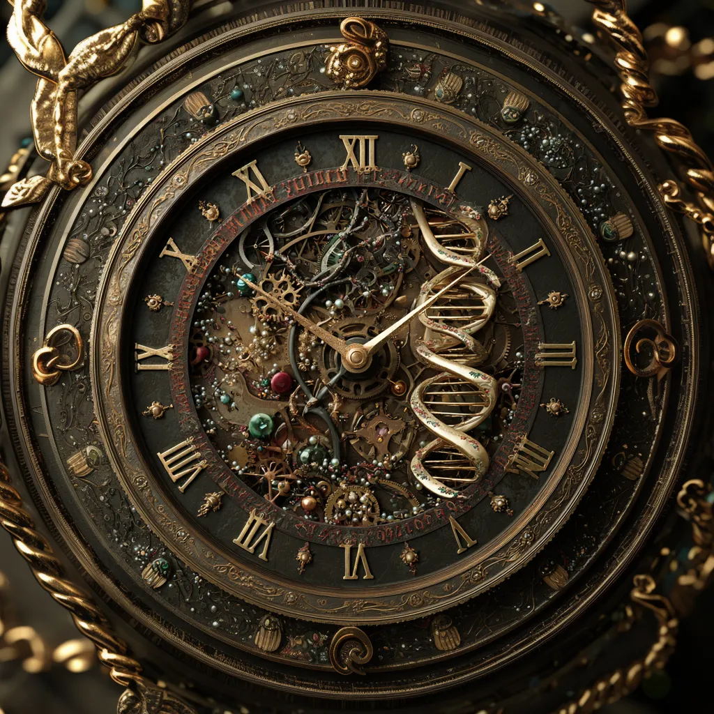 Intricate antique clock with Roman numerals and visible mechanical gears intertwined with a golden DNA helix, symbolizing the measurement of biological age.
