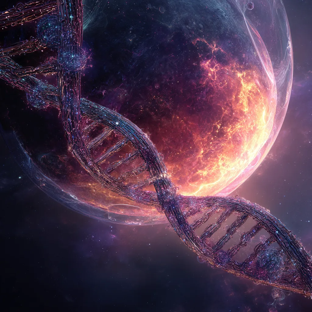 Futuristic artistic rendering of a glowing DNA double helix floating in outer space with a fiery planet in the background, symbolizing cosmic influences on genetics and epigenetics.