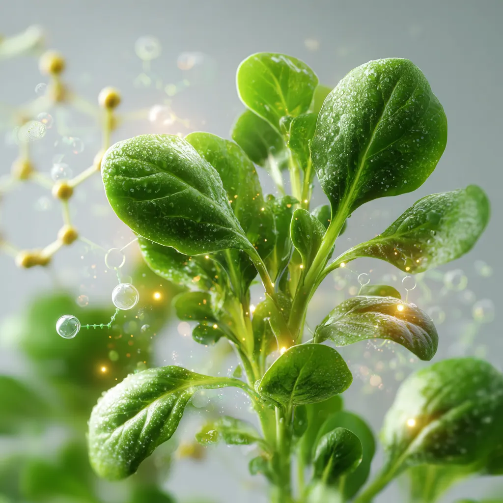 Fresh watercress leaves with molecular light patterns symbolizing their epigenetic effects on fertility, egg quality, and estrogen metabolism.