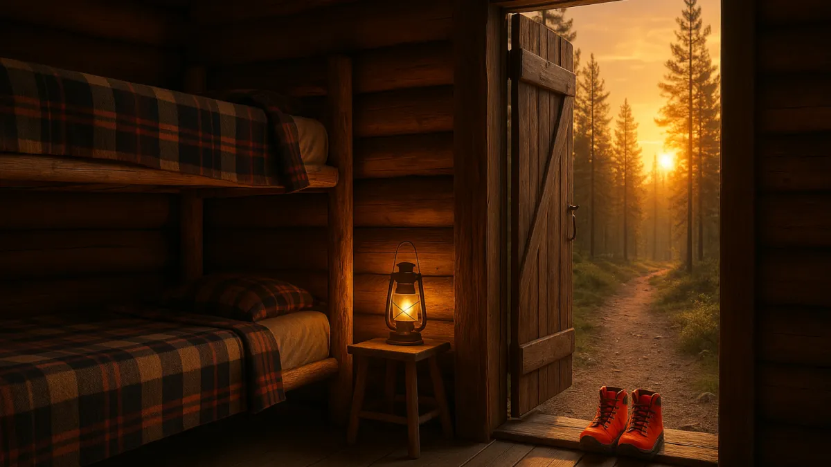 Cozy bunk-house interior and doorway leading to sunrise forest trail with hiking boots