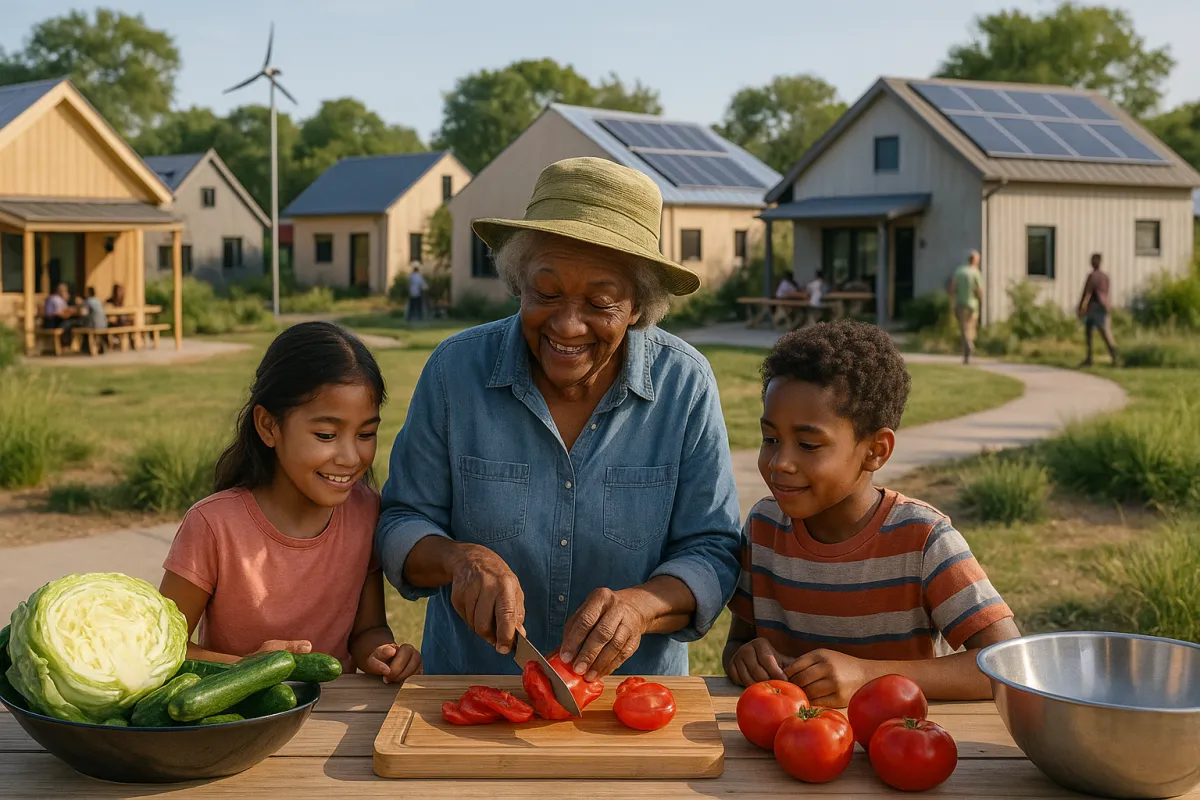 grandmother with two children in vegetable garden