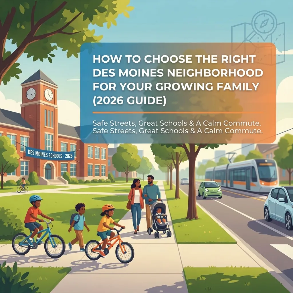 Cover image for blog titled ‘How to Choose the Right Des Moines Neighborhood for Your Growing Family (2026 Guide),’ showing a young family with children playing on a quiet tree-lined street, a nearby school building, and a commuting parent walking with a laptop bag, with icons suggesting maps and mobile apps to highlight safe streets, strong schools, and an easy commute in a modern, tech-savvy Des Moines neighborhood.