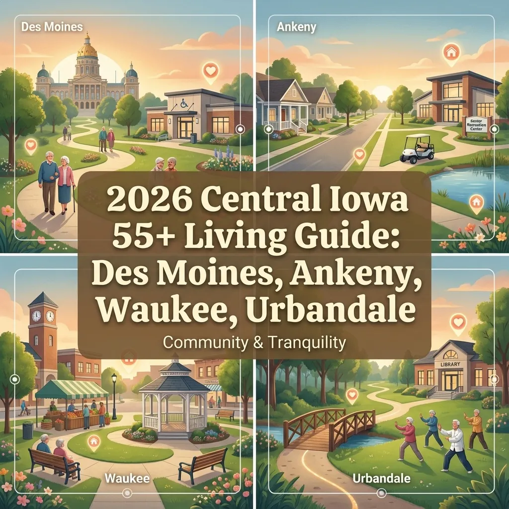A four-panel image promoting the "2026 Central Iowa 55+ Living Guide: Des Moines, Ankeny, Waukee, Urbandale." The title is central, with the subtitle "Community & Tranquility." The four panels show: Top Left: Des Moines with the State Capitol building and a community center. Top Right: Ankeny with houses and a Geologic Resource Center. Bottom Left: Waukee with a town square, clock tower, and gazebo. Bottom Right: Urbandale with a library and a wooden bridge over a creek, showing people doing tai chi. This guide is powered by Smart Move Des Moines and the app.