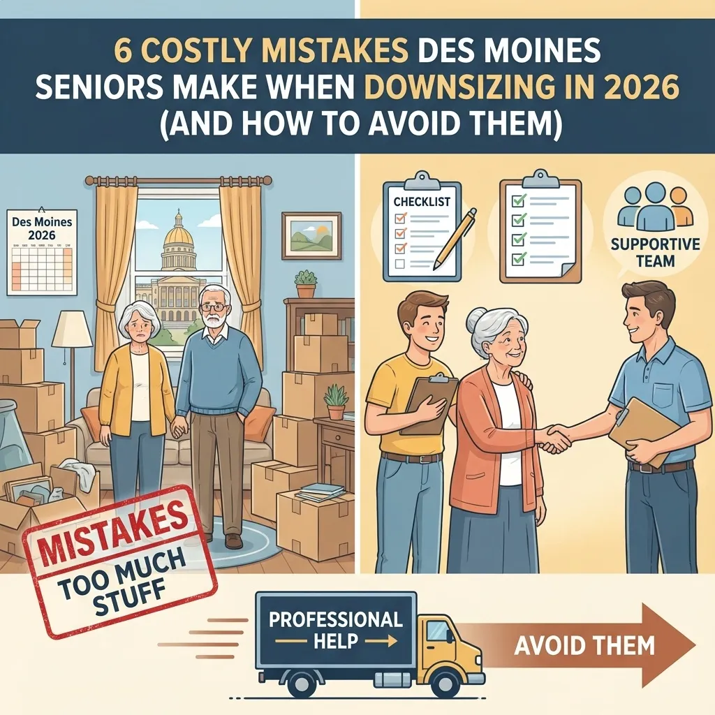A graphic titled "6 Costly Mistakes Des Moines Seniors Make When Downsizing in 2026 (And How To Avoid Them)." The image is split into two scenes. Left side (Mistake): An older couple looks stressed in a living room overwhelmed with moving boxes, with the Des Moines State Capitol visible through the window. A stamp reads "MISTAKES: TOO MUCH STUFF." Right side (Avoid): The couple is smiling and shaking hands with a supportive, professional team next to a checklist with all items checked. An arrow pointing right shows a moving truck labeled "PROFESSIONAL HELP" and the text "AVOID THEM." This service is offered by Smart Move Des Moines and the app.