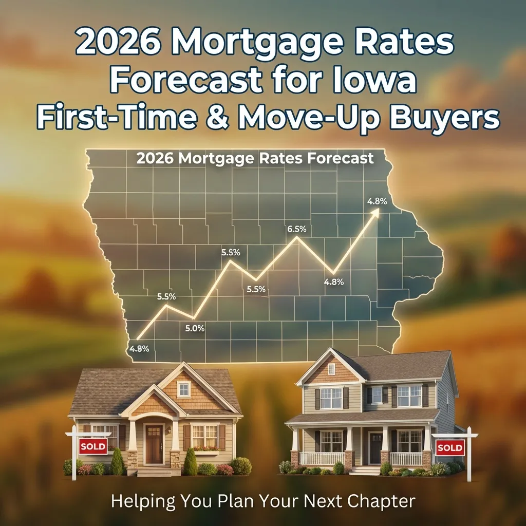 A graphic titled "2026 Mortgage Rates Forecast for Iowa First-Time & Move-Up Buyers". The image shows a map of Iowa with a line graph overlaid on it, displaying a fluctuating mortgage rate forecast for 2026, including rates of $4.8\%$, $5.0\%$, $5.5\%$, and $6.5\%$. Below the map are two "SOLD" houses, one on the left and one on the right. The bottom of the image has the text "Helping You Plan Your Next Chapter". This forecast is provided by Smart Move Des Moines and the app.