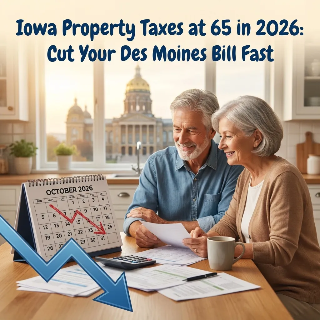 A graphic titled "Iowa Property Taxes at 65 in 2026: Cut Your Des Moines Bill Fast." The image features a smiling older couple sitting at a kitchen table, reviewing documents and a calculator. In the foreground, a calendar for "OCTOBER 2026" shows a red line tracking downward across the dates. A large blue arrow points sharply down over the table, symbolizing a fast property tax reduction. The Des Moines State Capitol building is visible through the kitchen window in the background. This resource is brought to you by Smart Move Des Moines and the app.