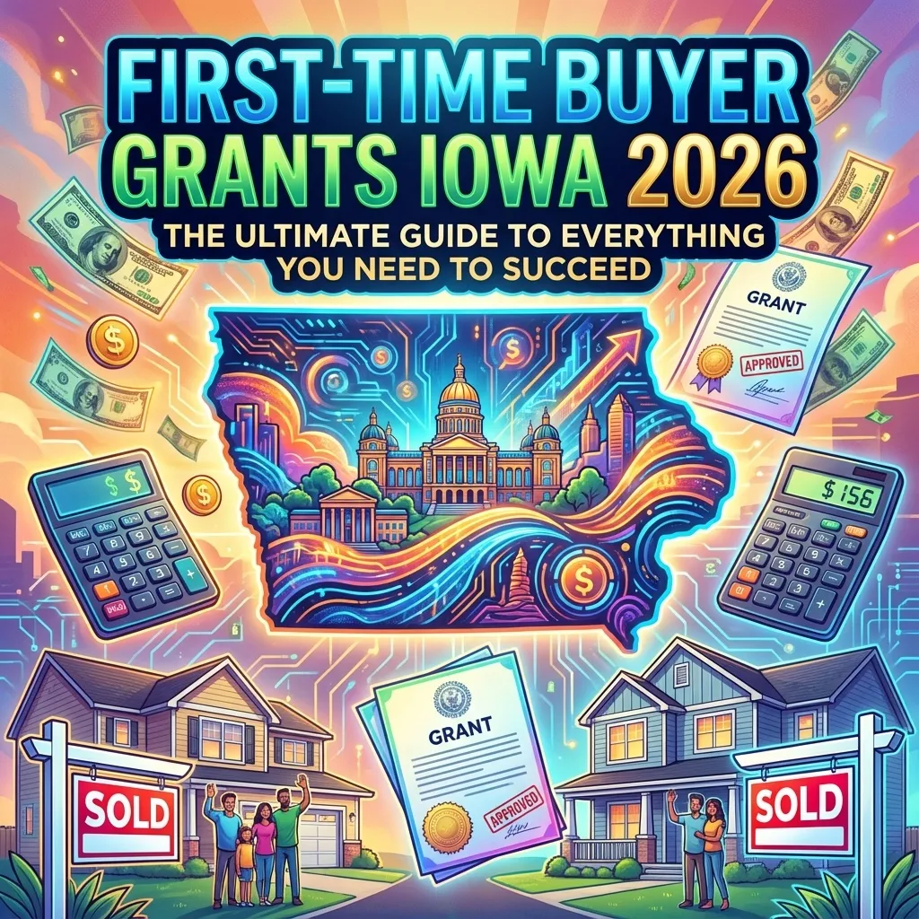  Alt Text for Image 1 'First-Time Buyer Grants Iowa 2026: The Ultimate Guide to Everything You Need to Succeed' cover image. The central graphic features a gold outline of the state of Iowa with the State Capitol building inside a dark blue circle, symbolizing the focal point of the guide. Surrounding the center are illustrative elements connected by arrows: a couple holding a key in front of a small house, representing new homeowners; a calculator with dollar and euro signs; grant application and financial assistance documents; a house with a "SOLD" sign; stacks of cash and coins representing savings or grants; and a finished house banner that reads "HOME SWEET HOME." This image represents the comprehensive guide to help Iowans, especially those in Des Moines, secure first-time homebuyer grants in 2026, made easy with the Smart Move Des Moines app.