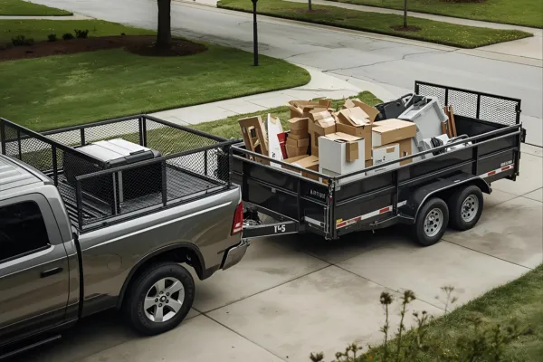 Open dump-style trailer with solid sides loaded with household items, attached to a pickup truck at a residential home in Northwest Arkansas