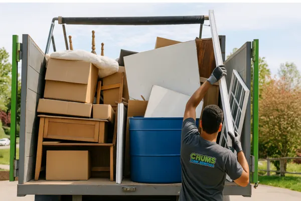 Household furniture and boxes being loaded into an open dump-style trailer during a junk removal job
