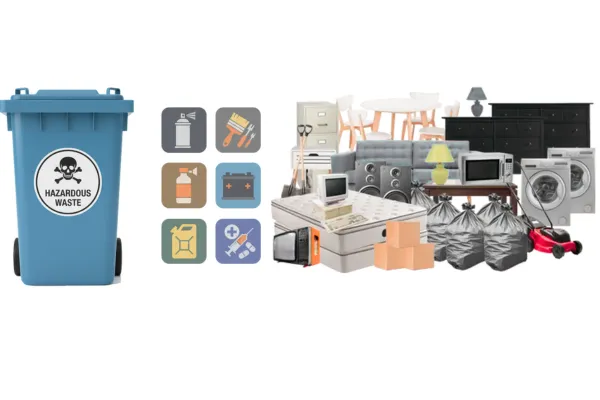 Graphic showing hazardous waste items that junk removal companies cannot accept alongside common household items that junk removal services do take
