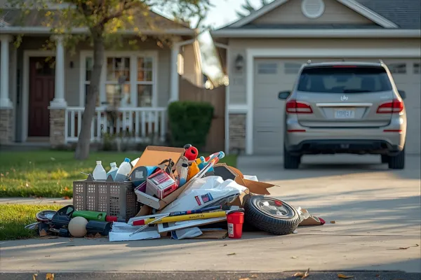 Household junk staged near a driveway representing a choice between DIY and professional junk removal.