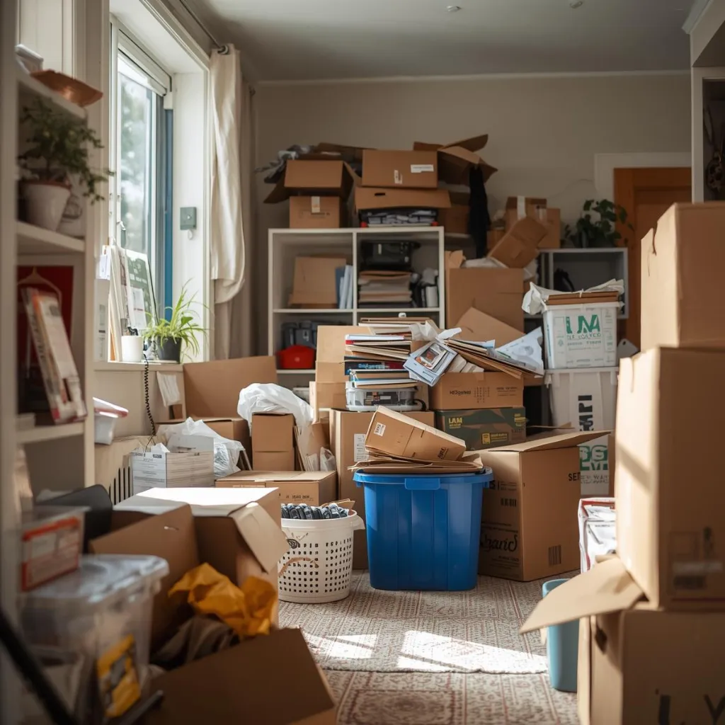 Garage prepared for residential junk removal with items grouped and ready for pickup