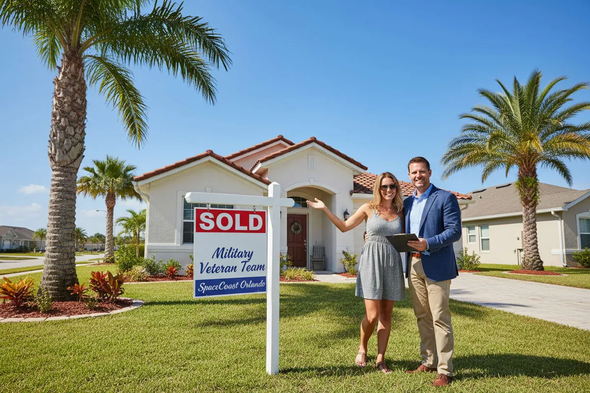 Couple celebrating a fast home sale with Florida real estate agent in front of Space Coast home with Military Veteran Team Agent