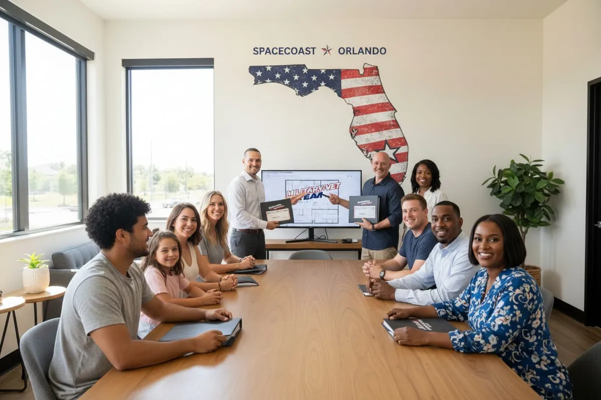 Homebuyers receiving discounts and welcome packets from real estate team in Florida