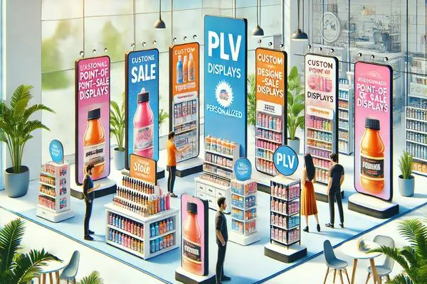 Illustration d'un environnement de vente dynamique avec des supports PLV personnalisés. Totems, bannières et présentoirs colorés mettent en valeur des produits, attirant l'attention des clients et illustrant leur efficacité pour renforcer une stratégie marketing.