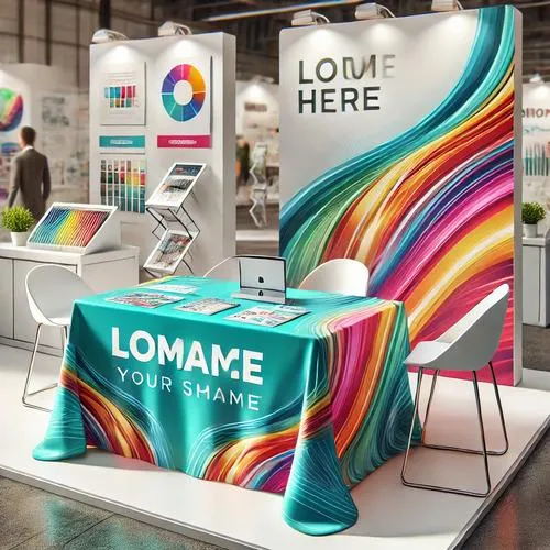 Illustration d'une nappe personnalisée dans un stand professionnel, avec un design moderne et un logo d'entreprise. La table est entourée de supports publicitaires comme des brochures et des bannières, dans un environnement lumineux et attrayant.