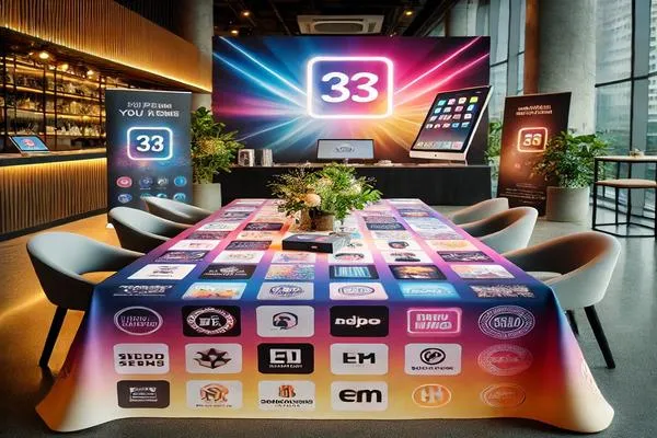 Une nappe personnalisée élégante avec un logo et des couleurs vibrantes, utilisée dans un cadre professionnel lors d'un événement. La table est entourée de supports promotionnels, reflétant une ambiance moderne et soignée.