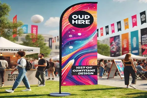 Drapeau publicitaire personnalisé installé lors d’un événement en plein air. Il flotte au vent, attirant l’attention des visiteurs grâce à son design vibrant et son impression haute définition. En arrière-plan, des stands promotionnels et un public dynamique interagissent.