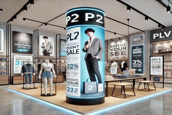 Magasin moderne avec une PLV personnalisée attrayante : bannières, présentoirs et supports promotionnels stratégiquement placés pour capter l’attention des clients et optimiser la visibilité des produits. Ambiance lumineuse et dynamique renforçant l’expérience d’achat.