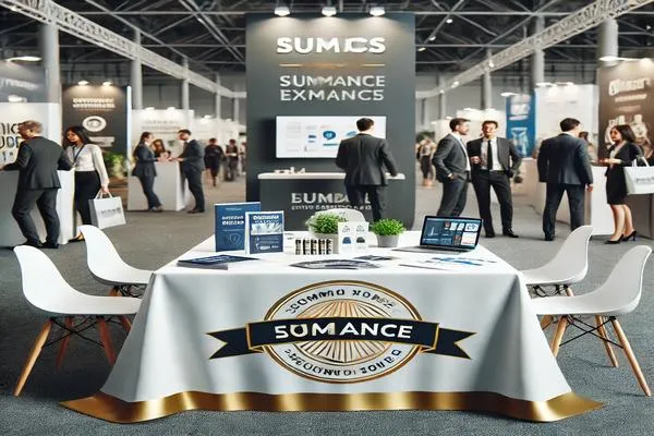 Stand de salon professionnel avec une nappe publicitaire personnalisée aux couleurs d'une entreprise. La table est ornée de brochures, d’échantillons et de supports promotionnels, attirant les visiteurs dans un hall d'exposition moderne et bien éclairé.
