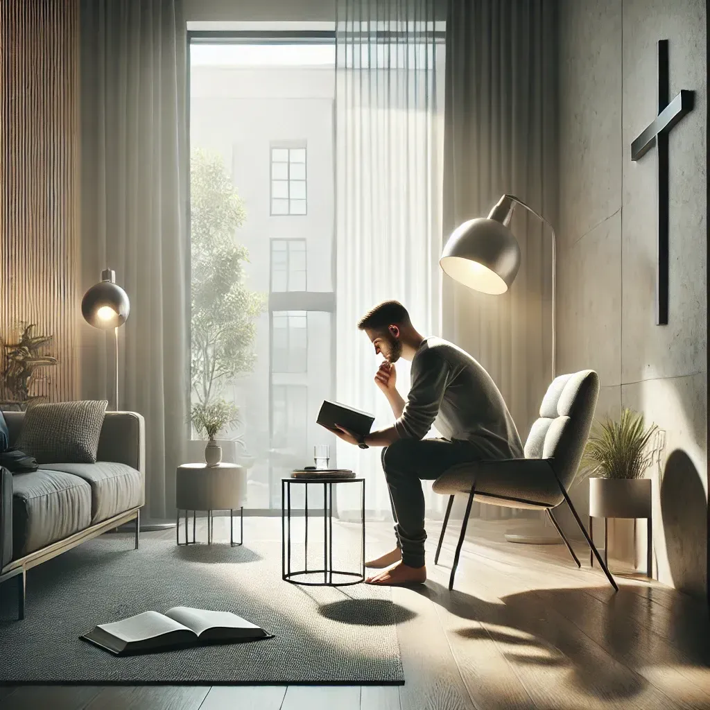 A realistic, contemporary scene of a person in their early 30s seated in a modern room, deeply reflecting while reading an open Bible on their lap. The scene mirrors a personal journey of finding purpose through faith, with a minimalist side table holding a notebook symbolizing study and contemplation. Soft natural light from large windows enhances the serene atmosphere, while a subtle cross on the wall highlights the theme of God's guidance and Christ's involvement in shaping faith and understanding.